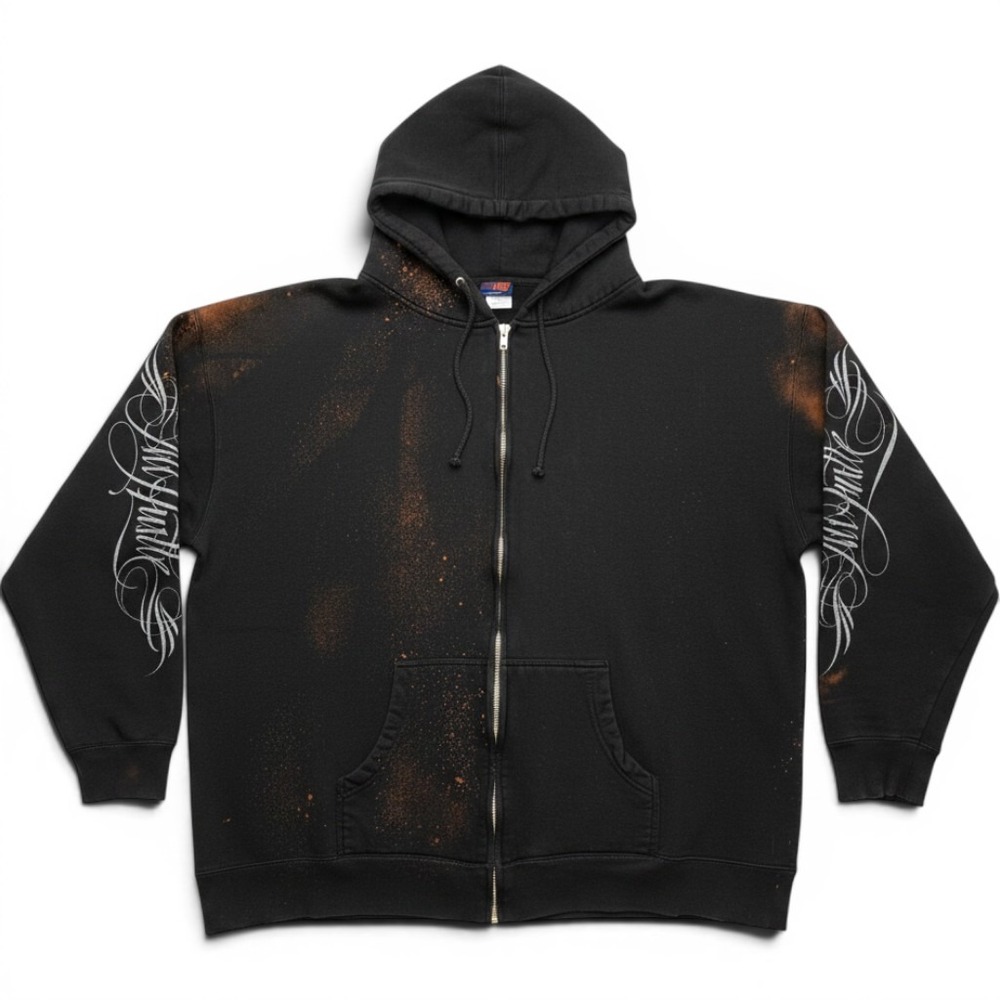 OGABEL‎ Vintage Bleach Dye Zip Hoodie 3XL Black Skeleton Day of the Dead Y2K